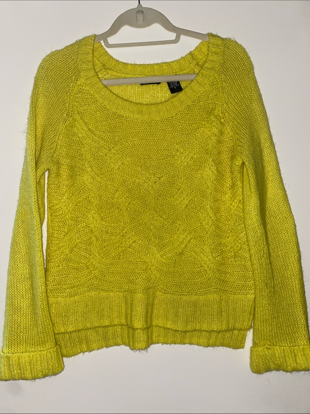 Moda International Neon Yellow Cable Knit Crewneck Sweater